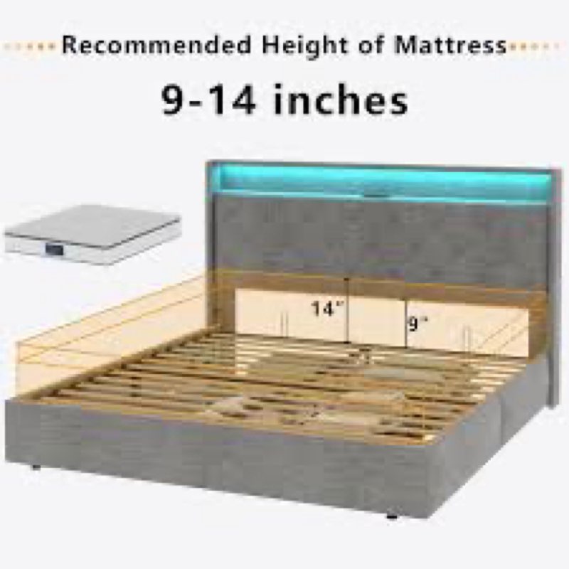 Kadeer Lift Up Bed Frame with Charging Station & LED Light, Upholstered Bed with Button Tufted