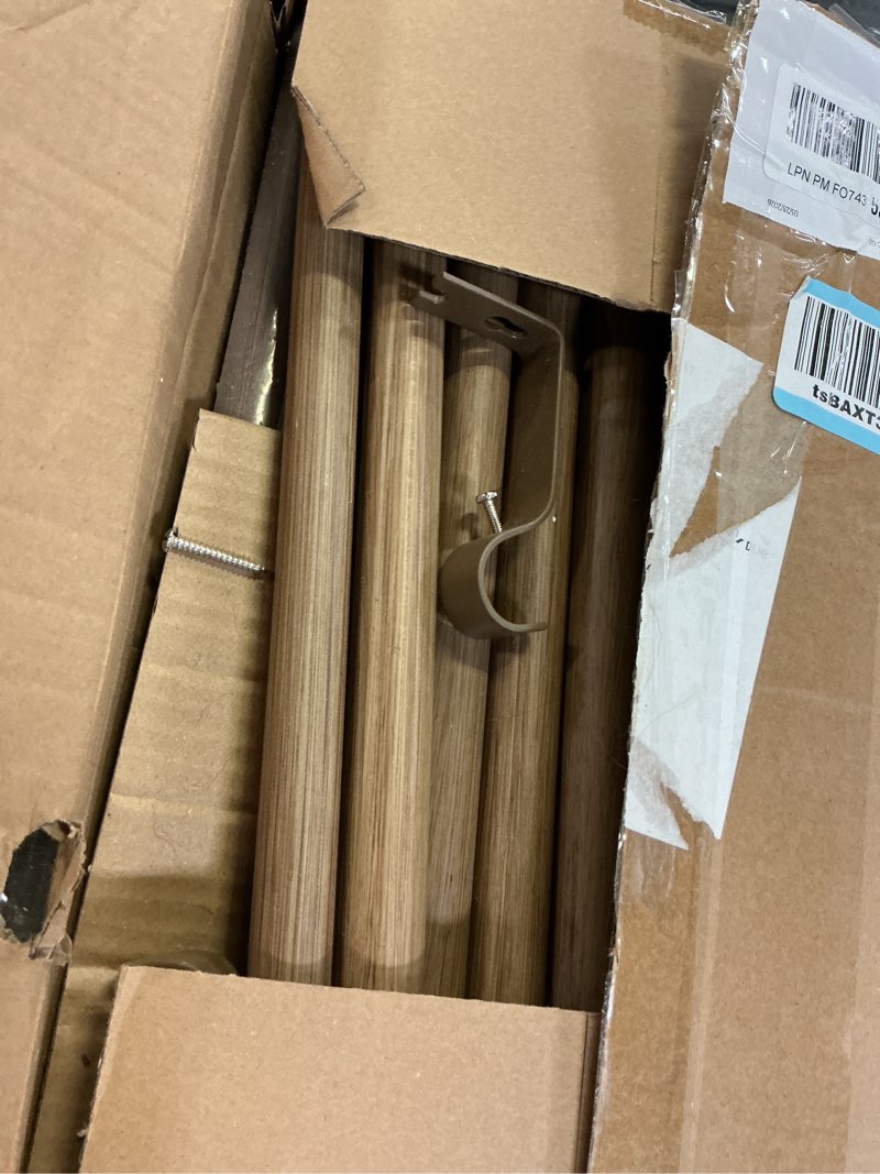 Condition photo showing As Is for wood curtain rods for windows: 1 inch diameter adjustable drapery rods 48" to 86", 2 pack heavy duty window rod with imitation wood grain leaf pattern finials wood grain 48"-86"|2 pack