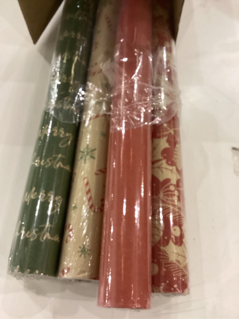 Ribbli Christmas Wrapping Paper, 4 Rolls Brown Red Green Kraft Vintage Wrapping Paper Rolls, Candy C