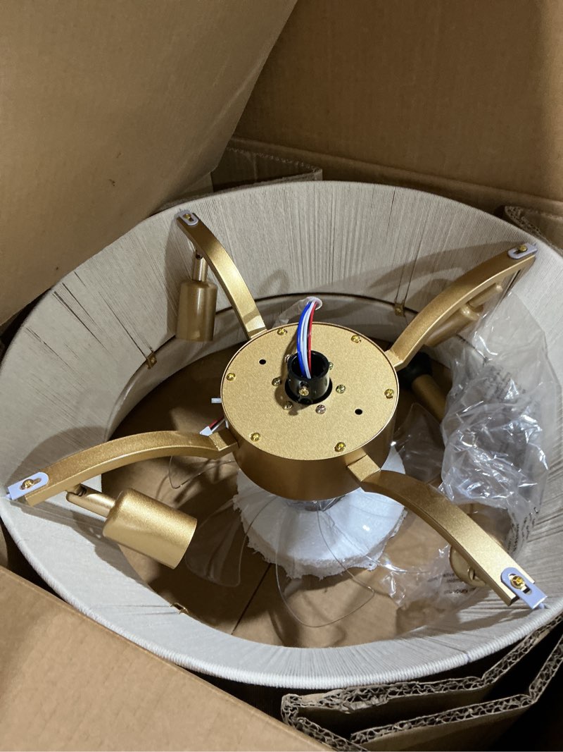 Condition photo showing Good Condition for Boho Fandelier Ceiling Fan with Light and Remote Rattan Chandelier Fan Gold Caged Ceiling Fan with Light for Bedroom, Living Room Nursery?Foyer?Kitchen?6 Speed, Timing Adjustable Height? beige Rattan ceiling fan