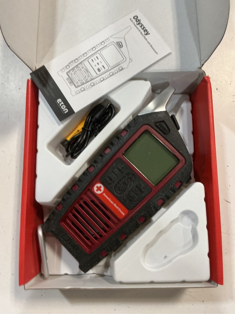 Condition photo showing As Is for eton odyssey multi-powered all-band bluetooth emergency radio with rds, red
