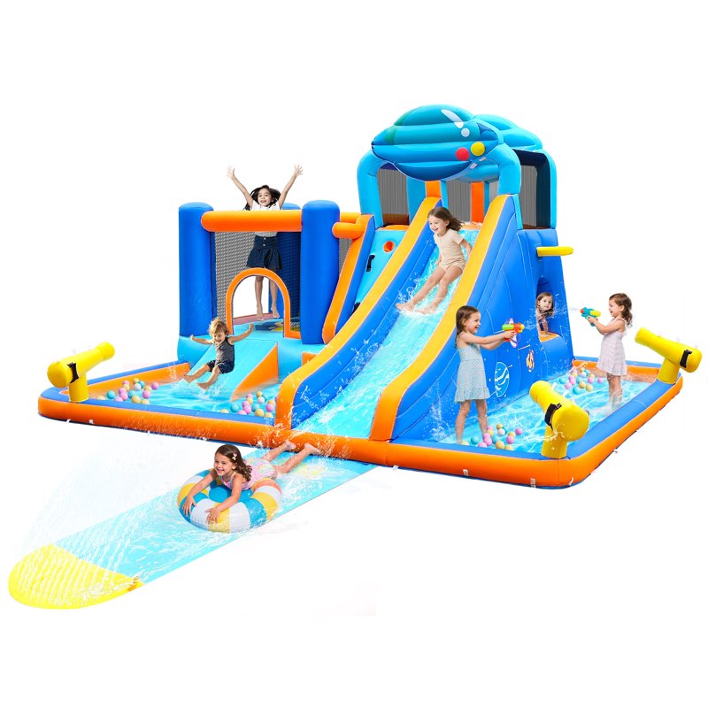 15' x 12' Bounce House with Water Slide and Air Blower, 10 In 1 Water Slides Inflatables For Kids , With Climbing Wall, Basketball Hoop