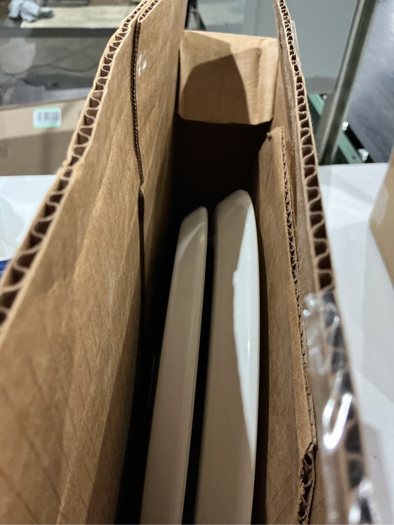 Condition photo showing As Is for mayfair bennett toilet seat with chrome hinges, slow close wood seat, secure metal hinges, easy install, made in usa, round, white round chrome