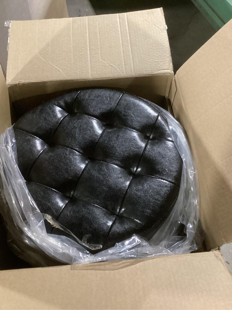 Condition photo showing New/Like New for bsketa® ottoman with storage? foot rest stool with thicker foam padded seat leather small round 14“ x 14” x 13 "inchs storage ottoman bench for living room foldable pouf coffee table 2 pack?black black 2 pack leather