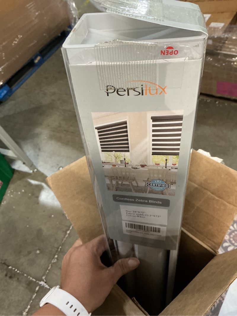 Condition photo showing As Is for persilux cordless zebra blinds for windows free-stop roller windows shades (24" w x 72" h, white) dual layer light control for day and night, light filtering sheer shades for home, easy to install 24"w x 72"h white