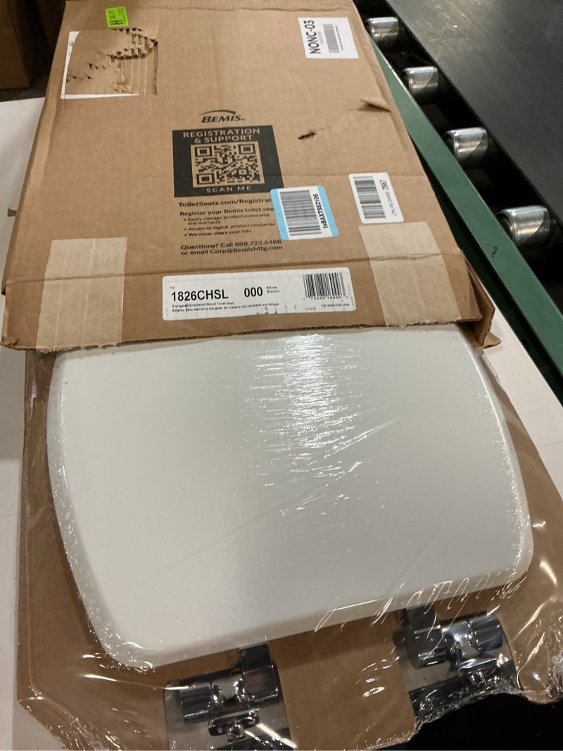 Condition photo showing New/Like New for mayfair bennett toilet seat with chrome hinges, slow close wood seat, secure metal hinges, easy install, made in usa, elongated, white elongated chrome