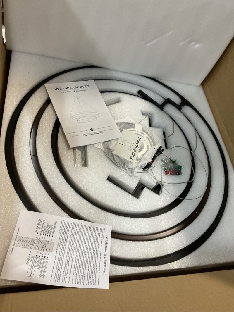 Condition photo showing New/Like New for 3 ring led chandelier black round chandelier light fixture dimmable farmhouse foyer chandeliers light wood-printed circular chandeliers for dining room entry bedroom office living room 24in walnut wood black round 24 inches