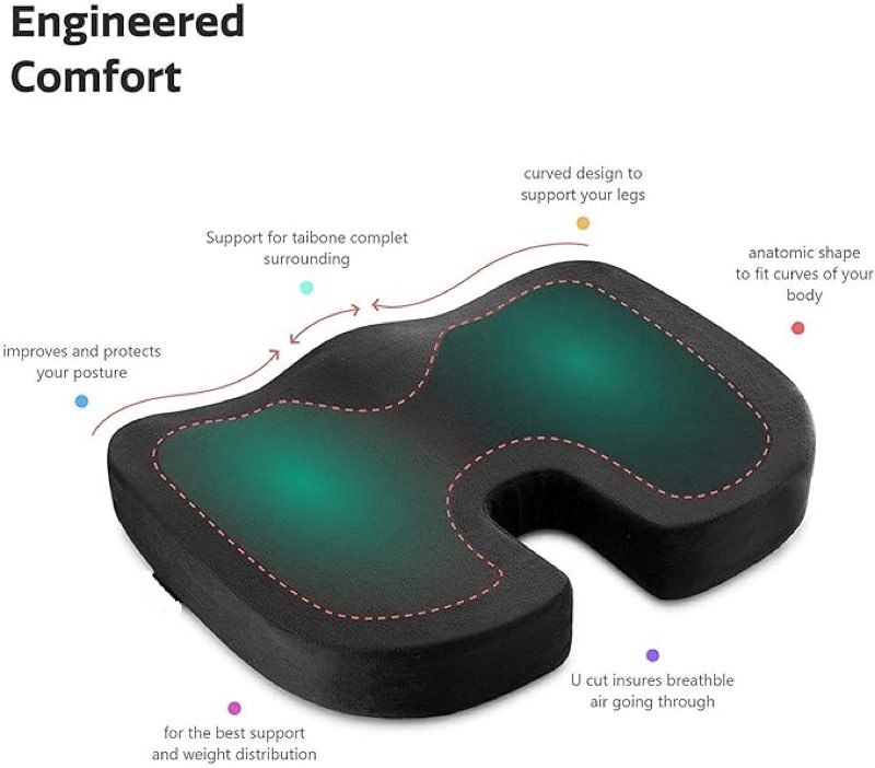 seat cushion office chair pillow - orthopedic | memory foam | relieves back, tailbone pressure, sciatica nerve pain relief & support - ideal gift for home office chair & car driver seat pillow