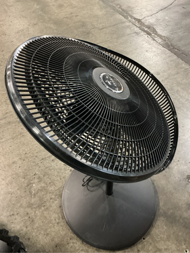Condition photo showing As Is for cyclone 18 in. 3 speed oscillating pedestal fan for home in black with adjustable height, tilt back head