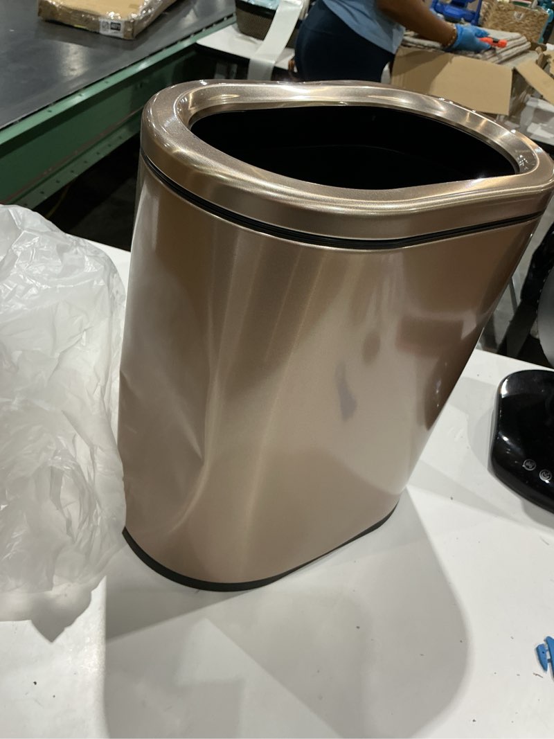 Condition photo showing As Is for 9l/2.4galslim bathroom trash can, 12 * 7.75 * 13.67 inches, stainless steel with pp inner bucket, smooth, with garbage bag inner lining, suitable for bathrooms, bedrooms, offices, hotels champagne gold