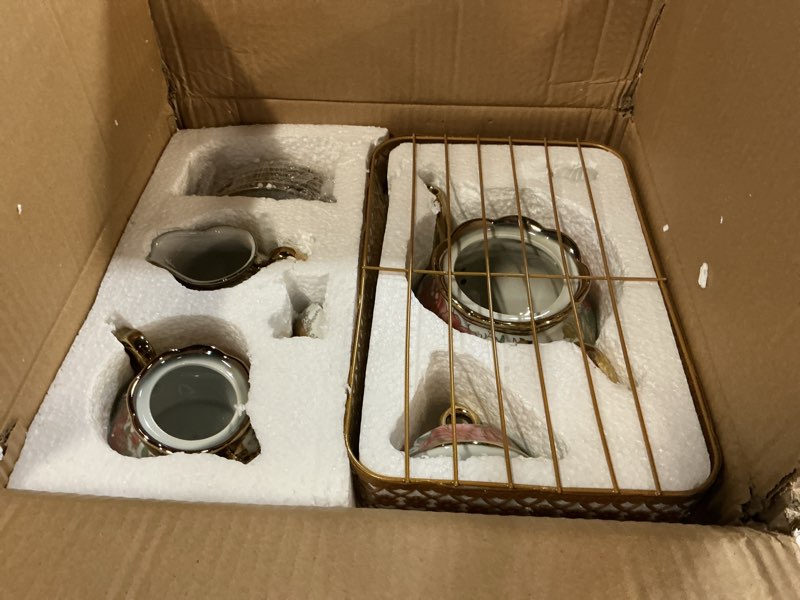Condition photo showing Good Condition for 22 pcs porcelain tea set with metal holder, vintage european floral tea set for adults, 37oz teapot and cups service for 6, gift for mom women wedding bridal shower(white rose floral)