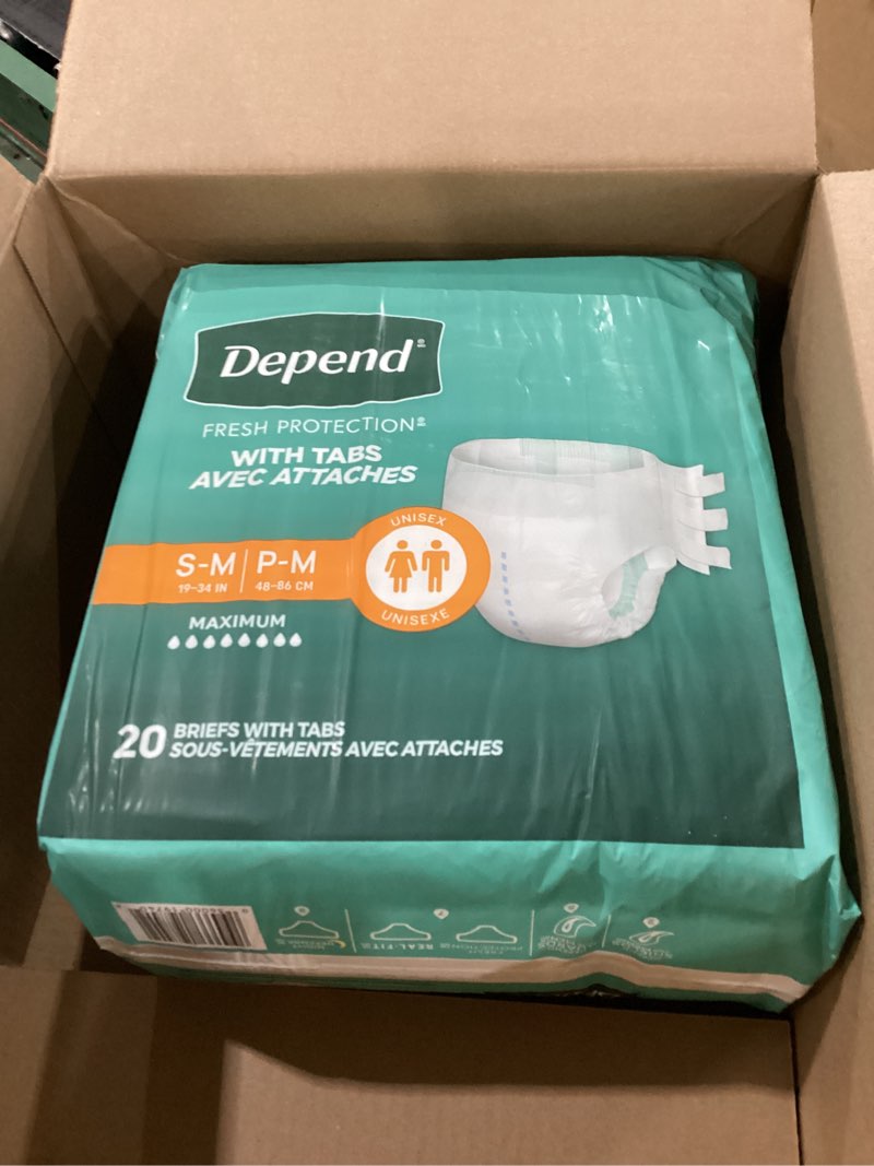 Condition photo showing New/Like New for Depend Adult Diapers with Tabs, Incontinence Protection with Tabs, Unisex, Small/Medium (19–34" Waist, Up To 170 lbs), Maximum Absorbency, 60 Count (3 Packs of 20)