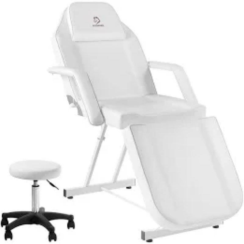 hb90393wh warehouseadjustable three-section salon table with a head cushion and stool, designed for tattooing and facial massages, supports a maximum weight of 330 pounds, in white color