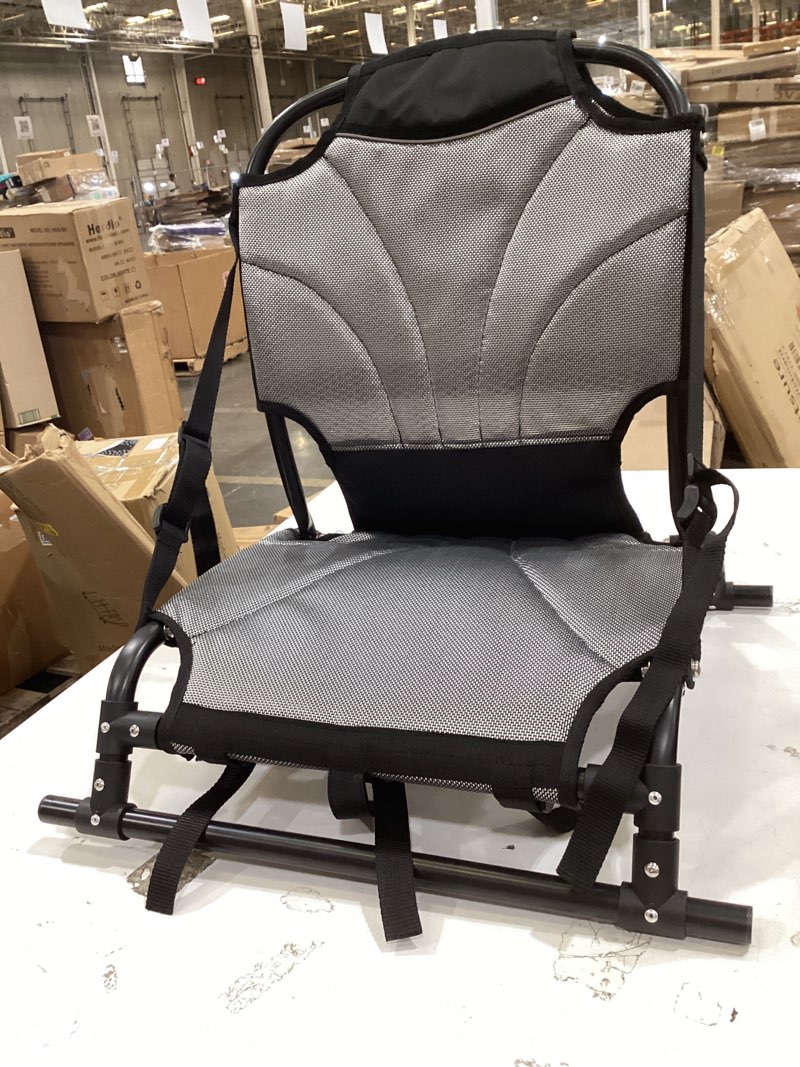 Condition photo showing As Is for aluminum frame kayak seat with backrest, aluminum alloy folding kayak seat, adjustable backrest support, suitable for fishing, kayaking, inflatable kayaking, paddle boarding