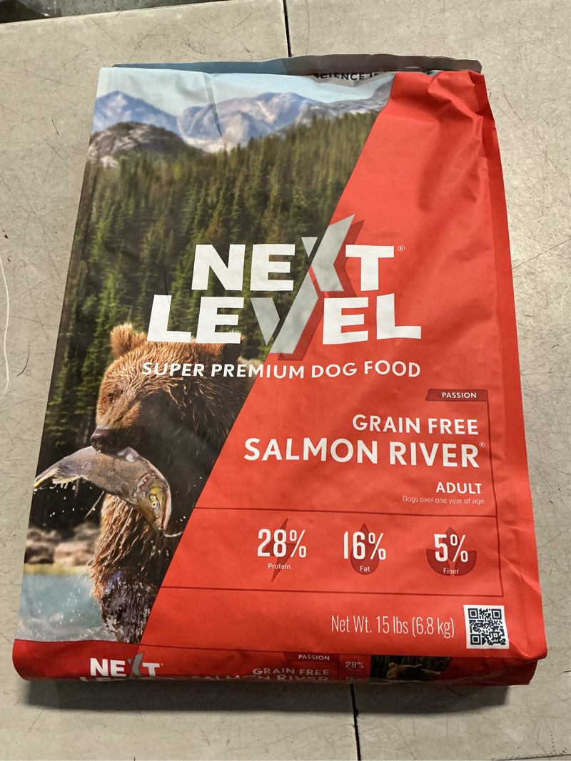 Condition photo showing New/Like New for (Best by:03/05/26) Next Level Super Premium Dog Food – Grain Free Salmon River – Dry Kibble for Dogs at All Life Stages of All Breeds – 28% Protein, Fish and Sweet Potato, Gluten Free Grains (15 Pound)
