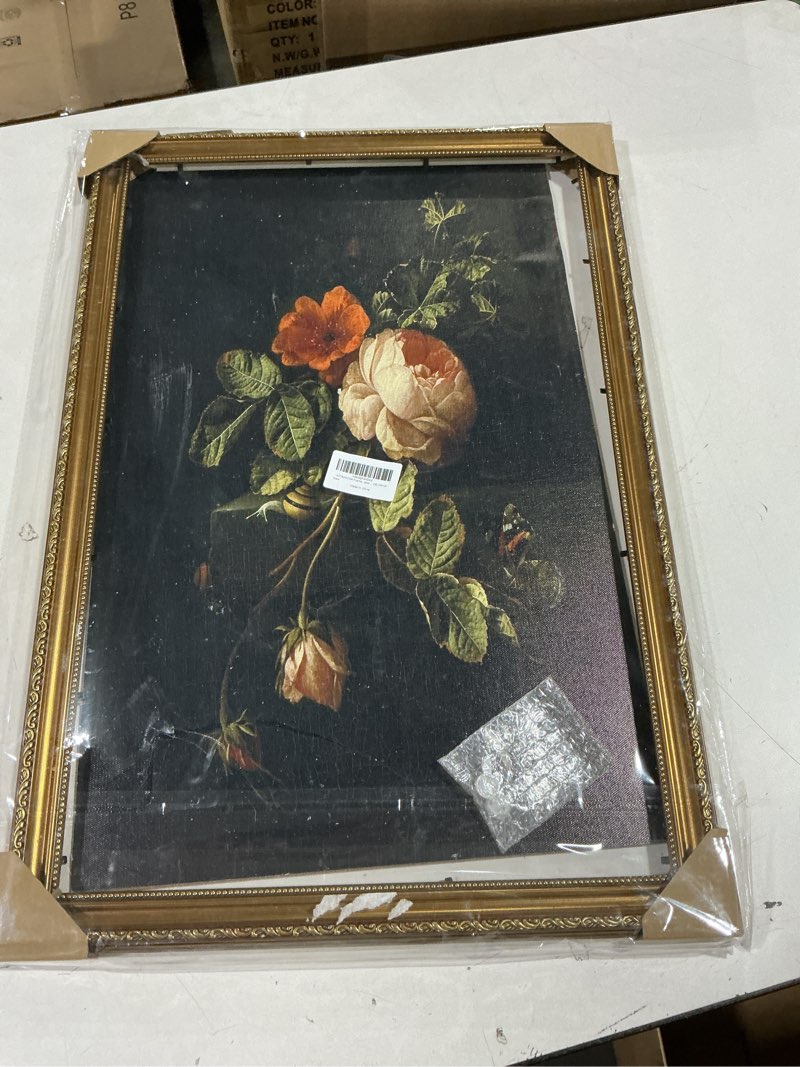 Condition photo showing As Is for ASTRDECOR Framed Canvas Wall Art of Vintage Flower, Floral Rose Retro Picture Paintings, Botanical Floral Wall Artwork, Victorian Picture Framed Prints for Living Room Gallery Decor - 16x24inch 24"L x 16"W Bouquet