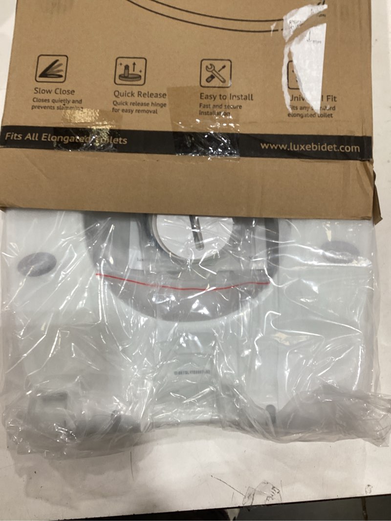 Condition photo showing As Is for LUXE TS1008E Elongated Comfort Fit Toilet Seat with Slow Close, Quick Release Hinges, and Non-Slip Bumpers (White)