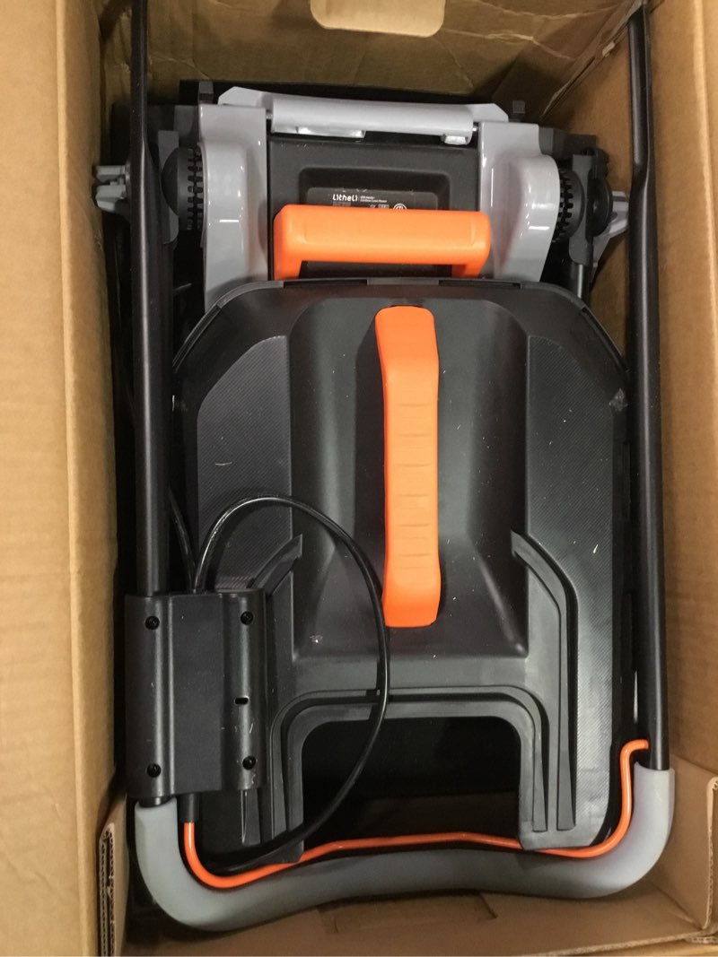 Condition photo showing As Is for Litheli Cordless Lawn Mower 13 Inch, U20 Handy+ 20V Electric Lawn Mowers for Garden, Yard and Farm, 5 Heights Adjustment, Light Weight,4.0Ah Portable Battery Included Orange 1 Battery