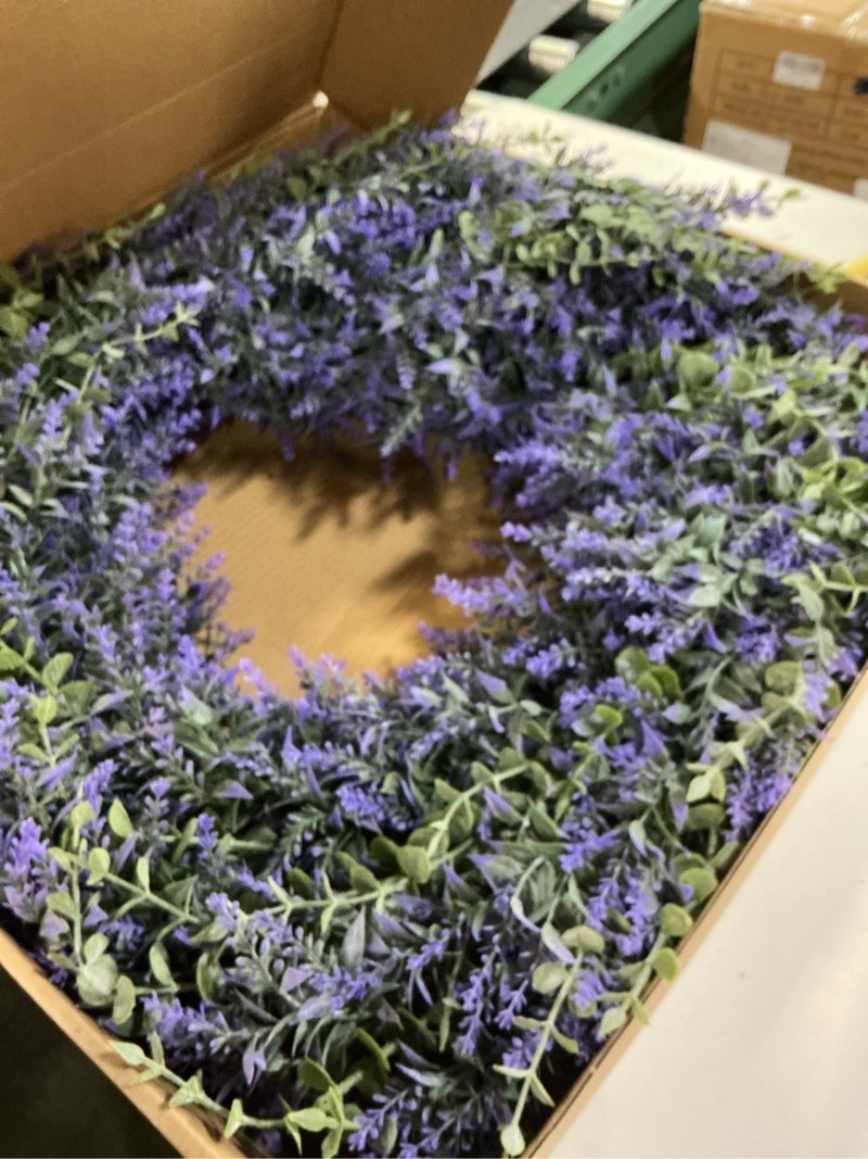 Condition photo showing New/Like New for 32" Lavender & Eucalyptus Wreath for Front Door, Porch, Window - Large Artificial Greenery Outdoor Wreath for Home, Farmhouse Decor - Spring, Summer, Fall, All Seasons (Purple)