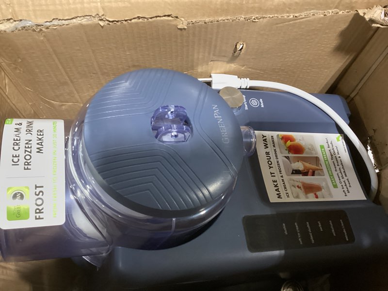 Condition photo showing Good Condition for greenpan frost ice cream maker & slushie machine, soft serve, sorbet, margaritas, milkshakes, frozen yogurt, no pre-freezing, ready in 15 mins, 6 modes, 7 textures, self-cleaning, family size, blue 4 pint ice cream & frozen drink maker berry blue