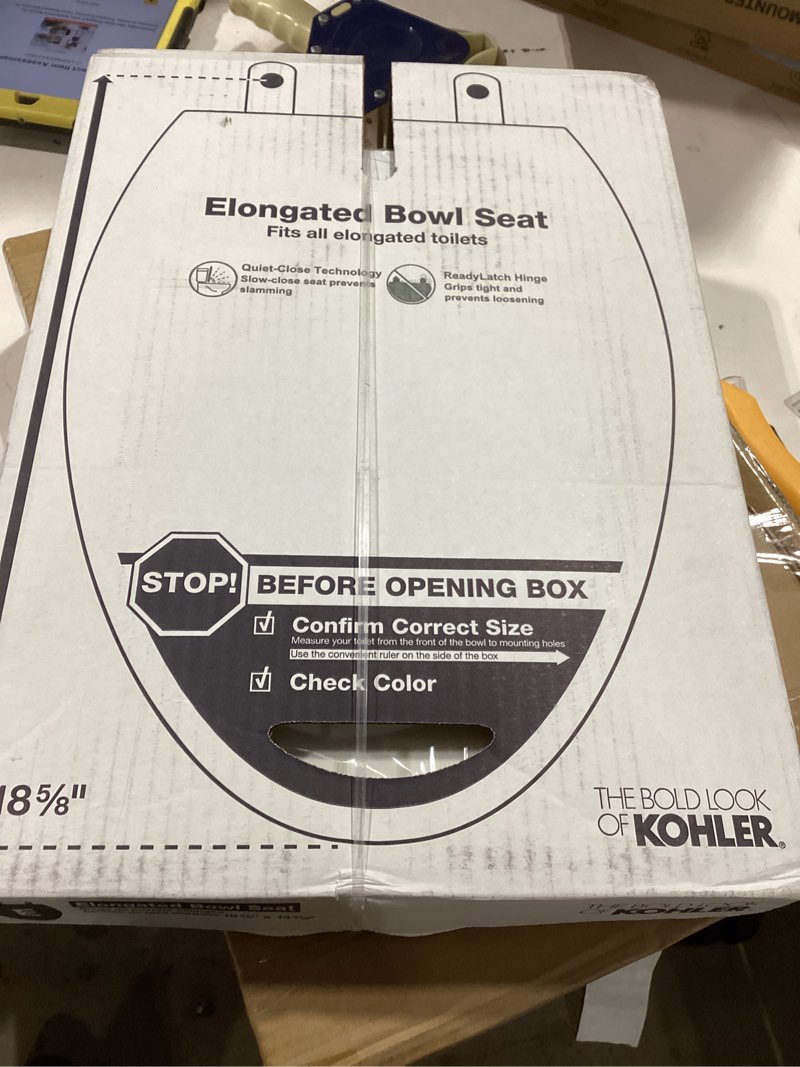 Condition photo showing New/Like New for KOHLER 4636-RL-0 Cachet ReadyLatch Elongated Toilet Seat Slow Close, Soft Close Toilet Seat Quiet Lid, Contoured Grip-Tight Bumpers Installation Hardware, Apartment Essentials, White White Elongated Ready Latch