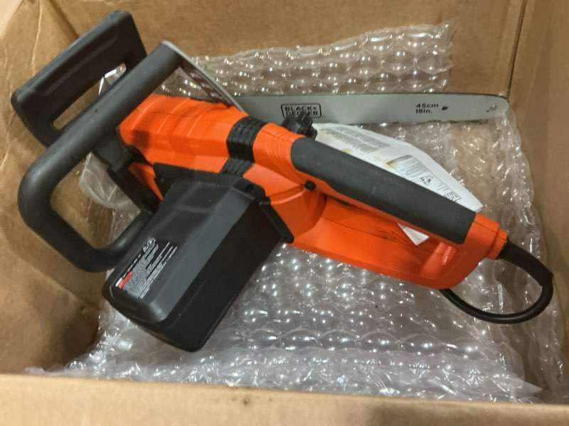 Condition photo showing As Is for black+decker electric chainsaw corded, 18-inch, 15-amp lightweight chain saw with automatic oiler (cs1518)