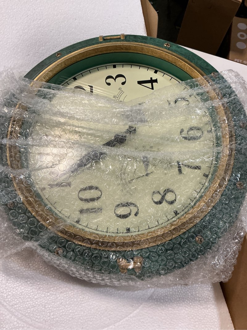 Condition photo showing Good Condition for ocest 16 inch indoor outdoor clock, waterproof wall clock with thermometer hygrometer, silent non-ticking battery operated decor for home decor, patio(retro green)