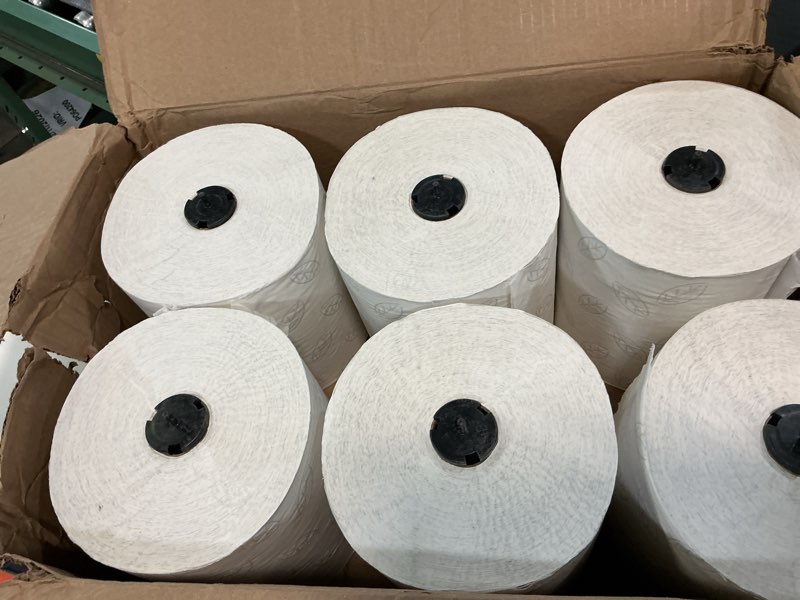 Condition photo showing Good Condition for Tork Matic Hand Towel Roll, White With Gray Leaf, Advanced, H1, 100% Recycled Fiber, High Absorbency, Medium Capacity, 2-Ply, 6 Rolls x 525 ft - 290092A 6 pack Towel Roll