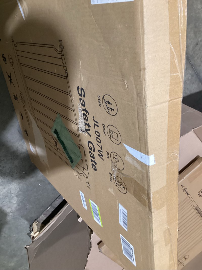 Condition photo showing As Is for extra wide baby gate with door pressure mounted 57.48-62.20 inch,child baby gates for doorways no drilling,walk through dog gate indoor for the house kitchen stairs,white 57.48-62.20inch
