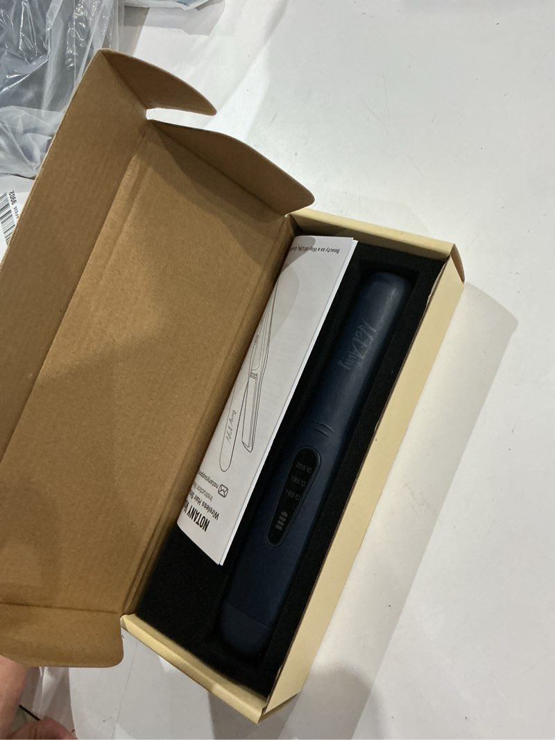 Condition photo showing As Is for cordless hair straightener, portable hair straightener, dual voltage travel hair straightener, 2-in-1 straightener & curler, usb-c fast charging, titanium alloy panel, with clips - blue-grey