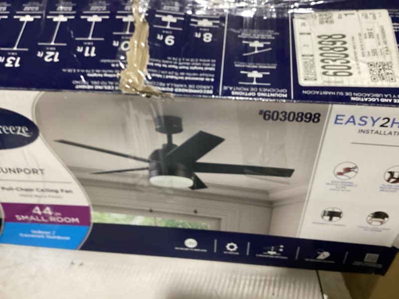 Condition photo showing As Is for harbor breeze sunport easy2hang 44-in matte black with matte blades led covered outdoor ceiling fan with light and pull chain included 5 -blade