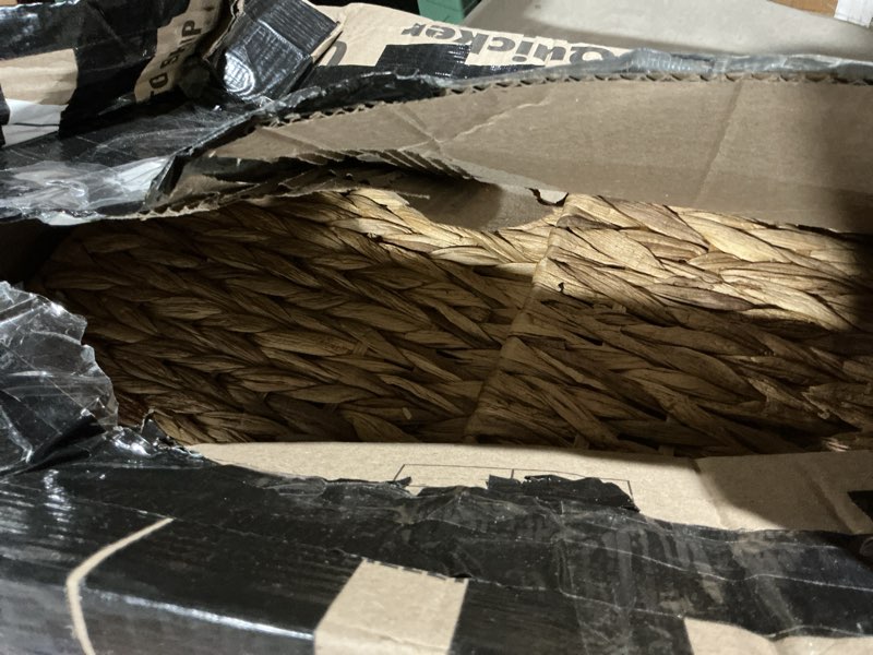 Condition photo showing As Is for Water Hyacinth Storage Baskets 11x11x11 Inch Wicker Storage Cubes Set of 2Baskets,Handwoven Foldable Wicker Cubes with Sturdy Handles, Rustic Laundry Organizer for Bedroom Shelves, Kitchen, Bathroom