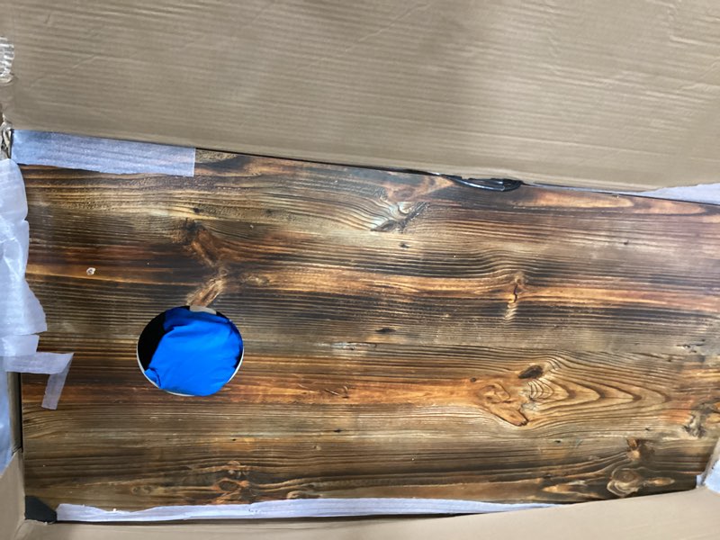 Condition photo showing Good Condition for solid wood premium cornhole game set, bean bag toss game for tailgate, outdoor, backyard - professional portable cornhole boards & set of 8 cornhole bean bags (junior, tailgate, regulation size) vintage printed: 2 x 4 ft portable