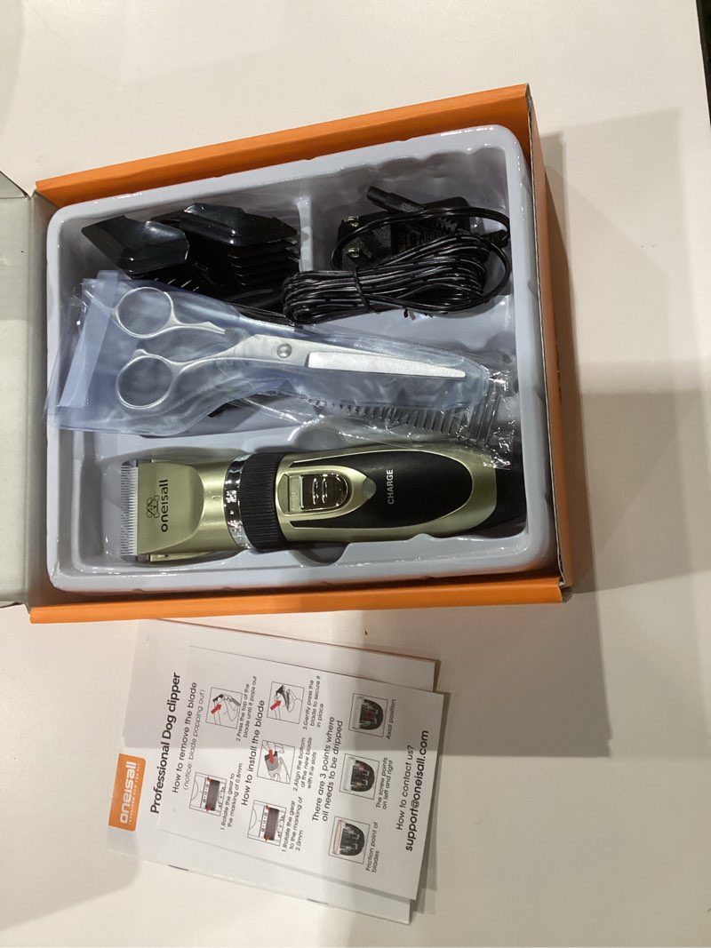 Condition photo showing Good Condition for oneisall Dog Clipper Low Noise, Dog Grooming Kit with Rechargeable, Pet Shaver Cordless Electric Quiet Hair Clipper Set for Dogs Cats Pets?Gold?