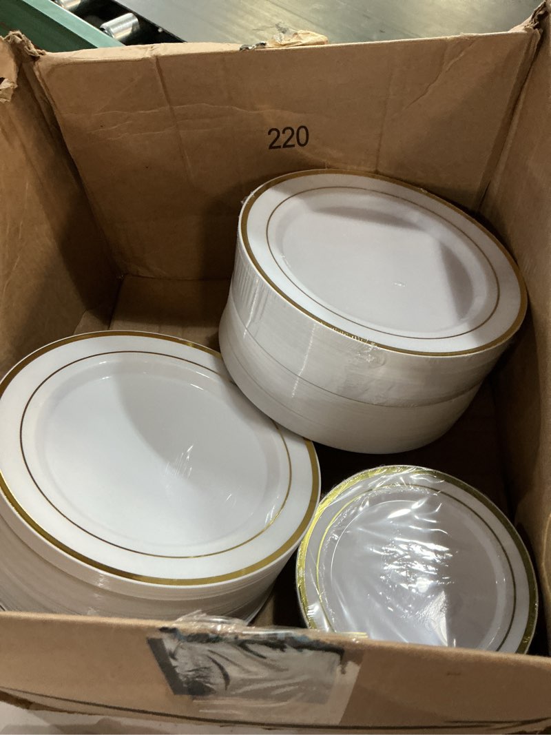 Condition photo showing Good Condition for wdf 120 pieces gold disposable plastic plates - white and gold plates include 10.25" dinner plate & 7.5" salad plate for party baby shower wedding spring gold 120pcs