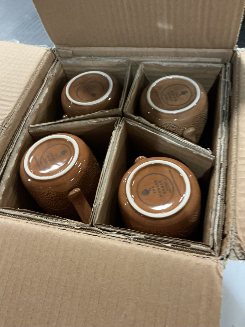 Condition photo showing Good Condition for pioneer woman vintage lace caramel 4-pack ceramic mug set