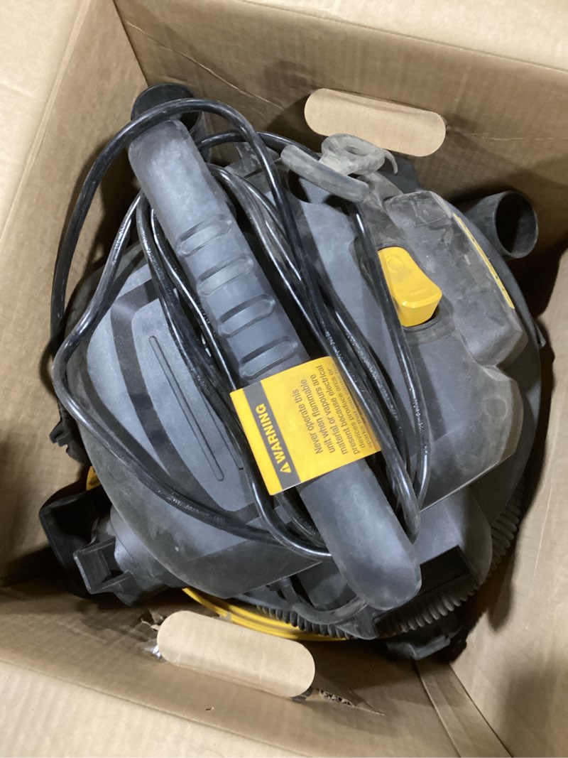 Condition photo showing As Is for DEWALT Shop Vacuum 6 Gallon 4HP Poly Wet Dry Vacuum Ultimate Cleaning Solution for Construction Workshop Environments for Jobsite Garage Home W/Inflation Ket, Yellow, DXV06PL