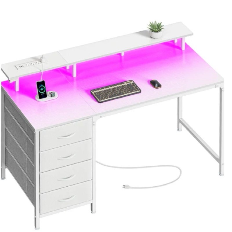 huuger 47 inch computer desk with power outlets and led lights, gaming desk with 4 drawers, office desk with monitor stand, study work home office, small spaces, black 47 inch black