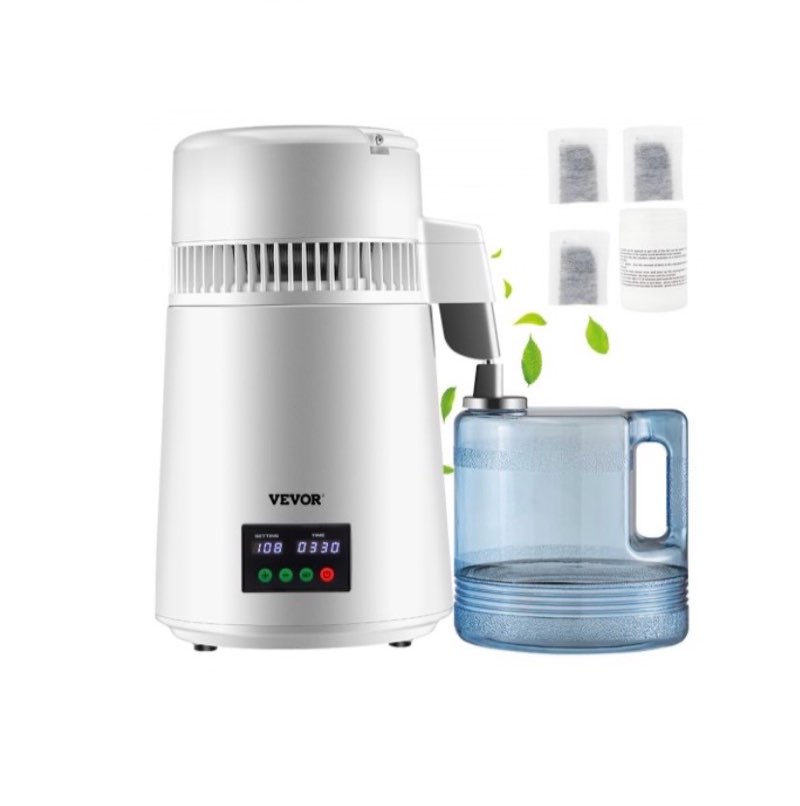 vevor pure water distiller 750w, purifier filter fully upgraded with handle 1.1 gal /4l, bpa free container, perfect for home use, white