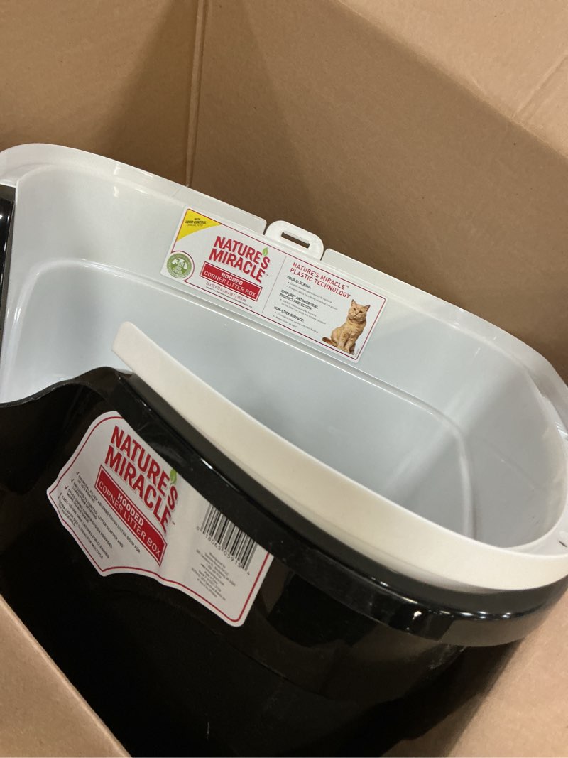 Condition photo showing As Is for nature’s miracle hooded corner litter box, with odor control charcoal filter (p-5915)