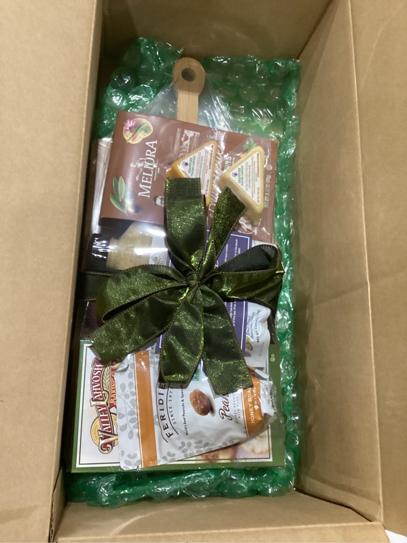 Condition photo showing New/Like New for wine country gift baskets gourmet salami and cheese with bamboo cutting board for family, friends, corporate, get well, sympathy care, teacher and more