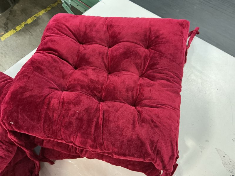 Condition photo showing As Is for 6 Pack Square Seat Cushion Chair Pads for Kitchen Dining Chairs, Soft Comfort Velvet Chair Mat Pillow Cushions with Ties for Office Desk Living Room Tatami 15.5", Burgundy Red Burgundy Red 6Pack
