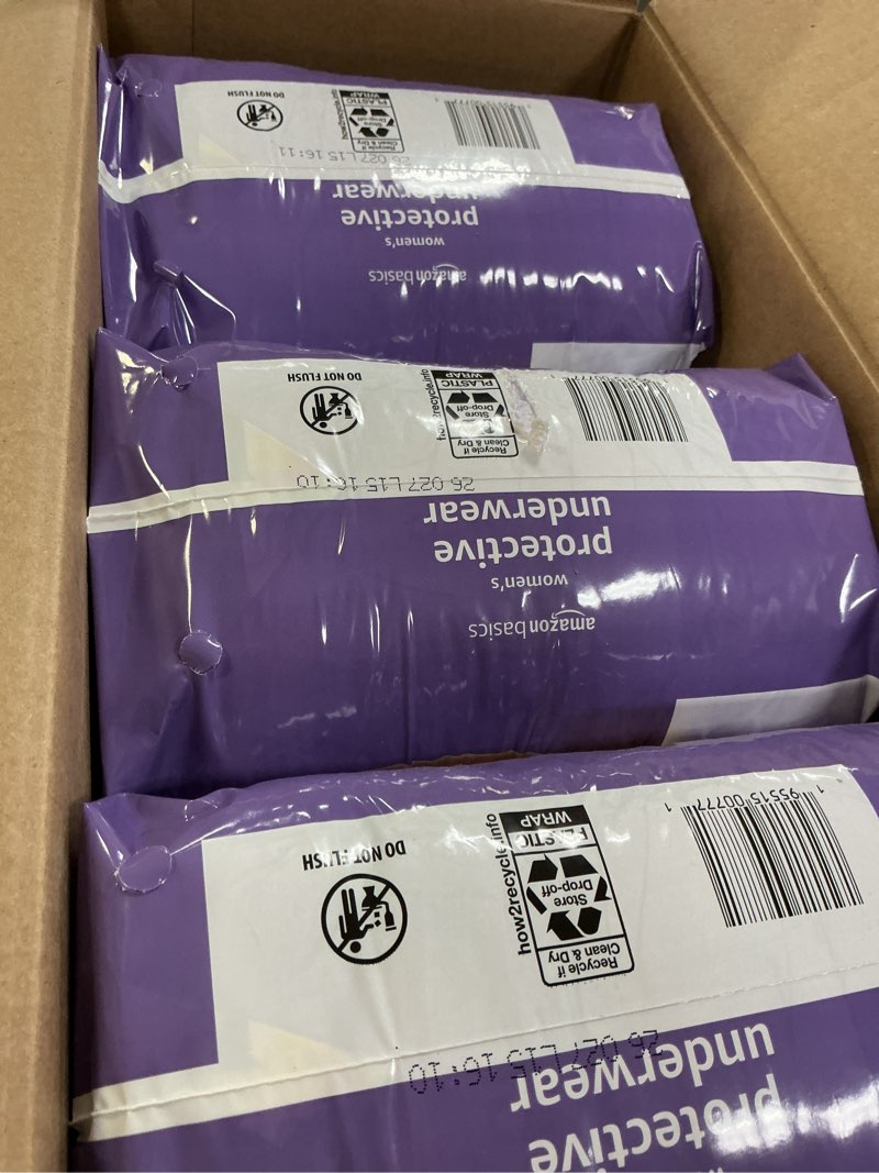 Condition photo showing Good Condition for amazon basics incontinence underwear for women, protective, disposable, postpartum, maximum absorbency, x-large, lavender, 48 count (3 packs of 16)