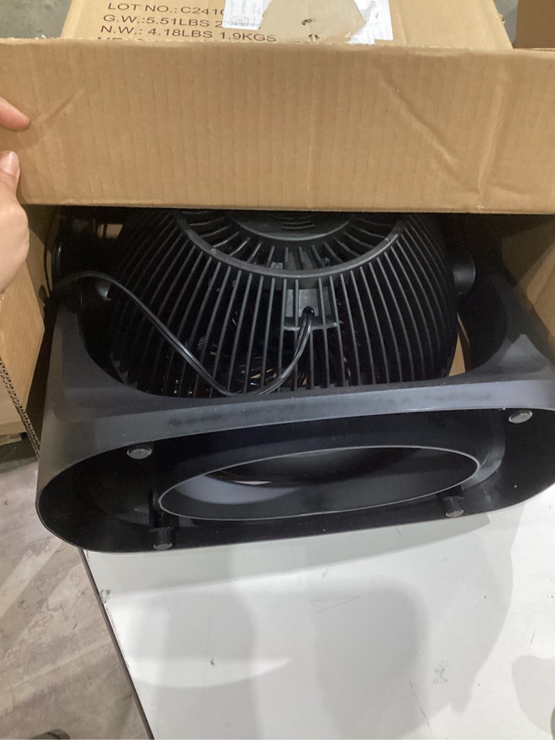 Condition photo showing Good Condition for amazon basics air circulator fan, desk fan for bedroom, home and office, with 90-degree tilt head, 3 speed settings, lightweight (4.2 lbs), 70 watts, black, 14.8"wx7.6"dx14.1"h 14.8"w x 7.6"d x 14.1"h