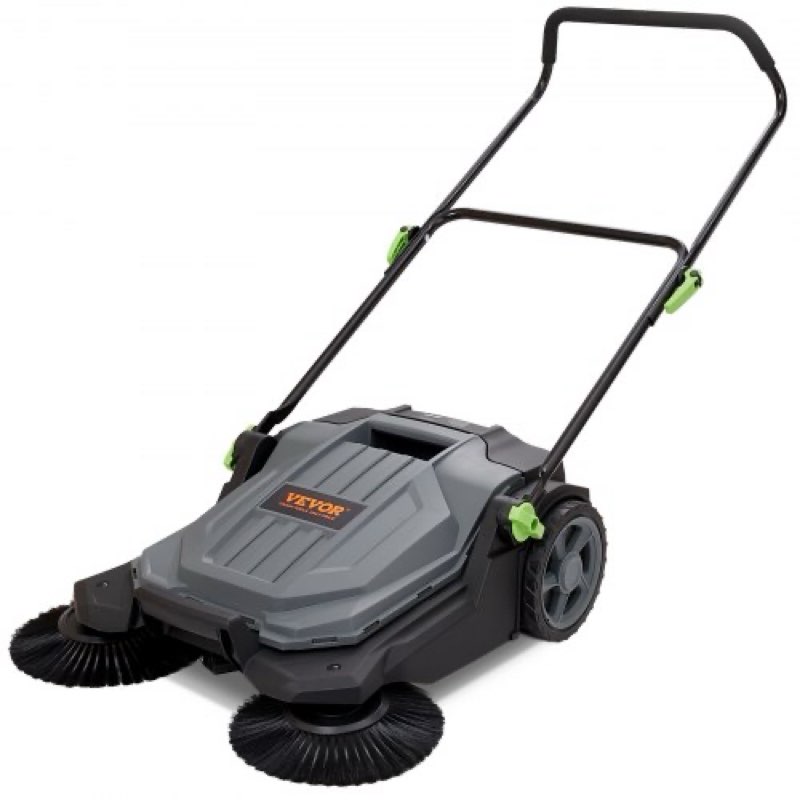 vevor walk-behind hand push floor sweeper, 25.6" sweeping width floor sweeper manual non-electric, 5-gallon waste container, angle & height adjustable folding handle for walkway, yard, garage, patio