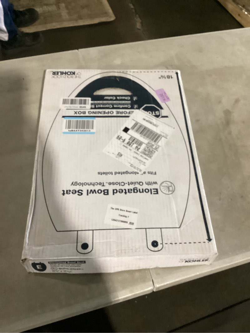 Condition photo showing New/Like New for kohler stonewood quiet-close elongated toilet seat, slow close design, durable wood, easy installation, universal fit, white finish, k-20466-0
