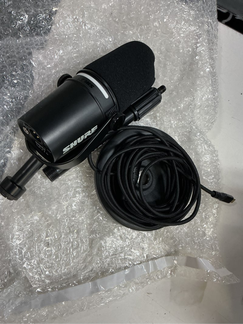Condition photo showing As Is for shure mv7+ podcast dynamic microphone with stand. obs certified, enhanced audio, led touch panel, usb-c & xlr outputs, auto level mode, digital pop filter, podcasting, streaming, recording - black