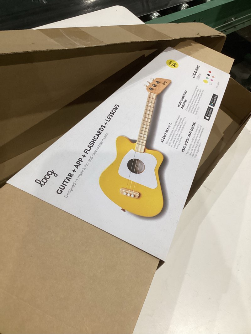 Condition photo showing New/Like New for loog mini acoustic kids guitar for beginners 3-strings ages 3+ learning app and lessons included yellow