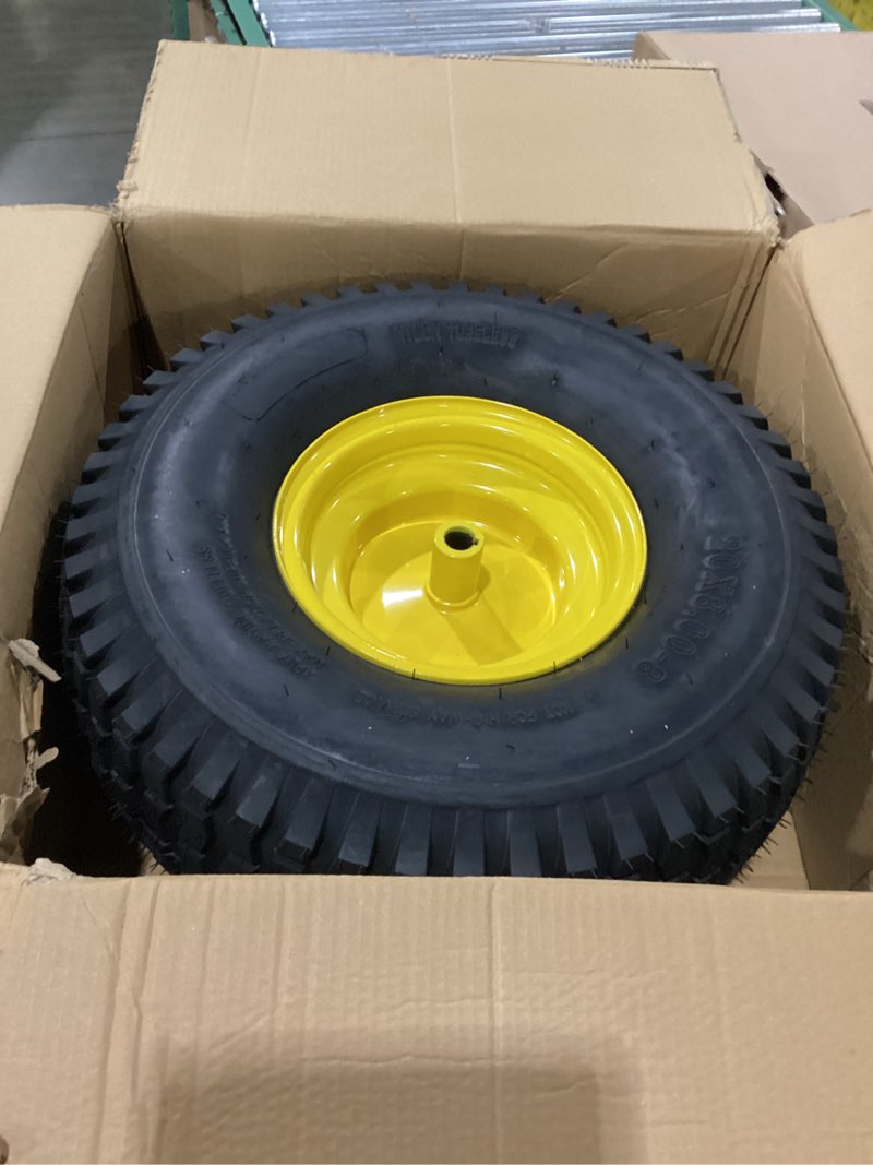 Condition photo showing New/Like New for ar-pro 20x8.00-8 rear tire and wheel assembly, 4-ply tubeless turf tire with 3/4" borehole, 3.5" offset hub, 3/16" keyway – compatible with john deere riding lawn mowers & garden tractors 20 x 8.00-8" tubeless (offset hub)