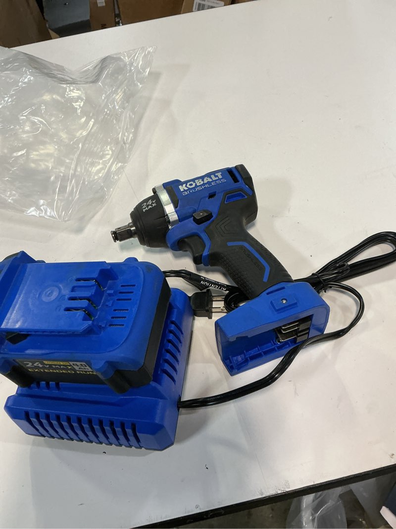 Condition photo showing As Is for kobalt 24v brushless impact with 4ah battery (nlg056697)